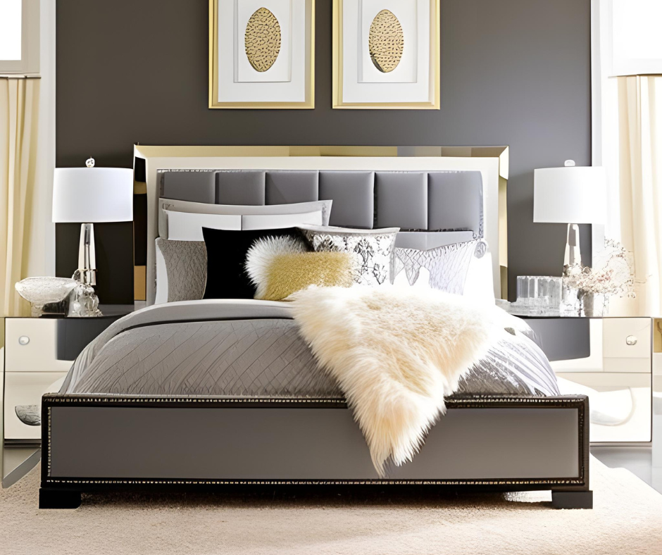 Picture of a bed with grey bedding, a metal framed headboard against a dark grey wall.